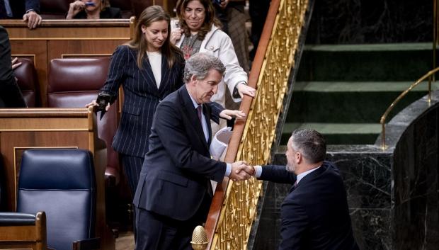Alberto Núñez Feijóo y Santiago Abascal, el 10 de febrero de 2026 en el Congreso