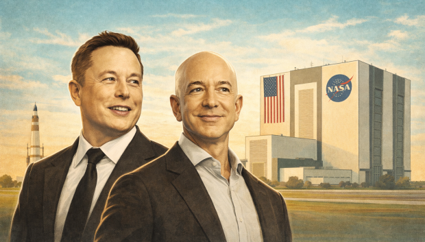 Montaje Elon Musk y Jeff Bezos con la sede de la NASA