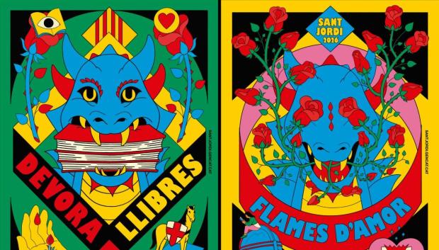 Detalle de los dos carteles de la campaña de Sant Jordi del gobierno catalán
