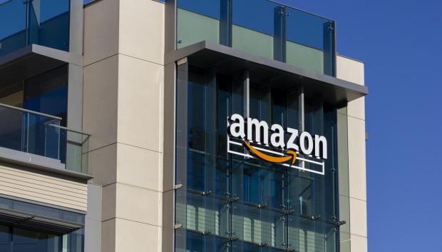 Palo Alto, CA, USA - Feb 18, 2020: The Amazon logo seen at Amazon campus in Palo Alto, California. The Palo Alto location hosts A9 Search, Amazon Web Services, and Amazon Game Studios teams.