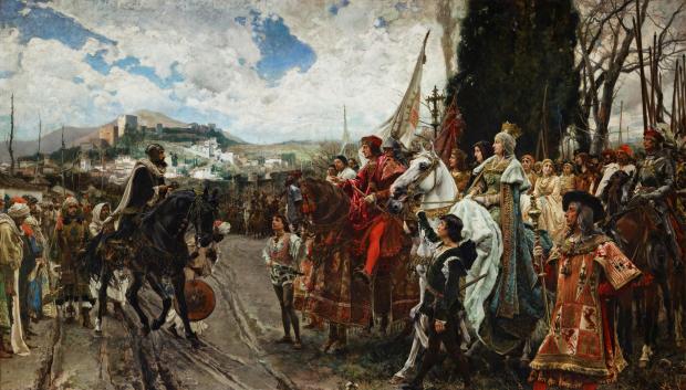 Boabdil entrega las llaves de Granada a los Reyes Católicos. La rendición de Granada de Francisco Pradilla (1882)