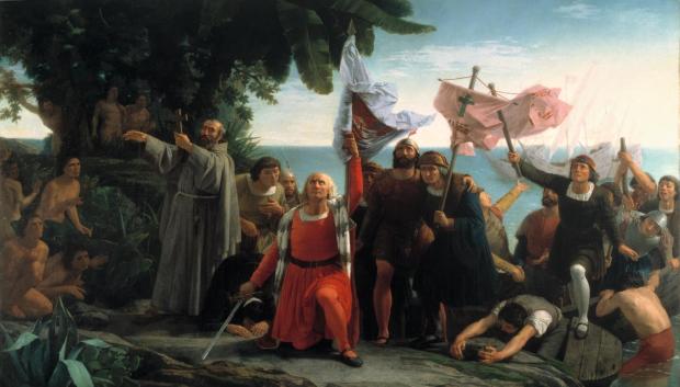 Pintura romántica de la llegada de Cristóbal Colón a América. Obra de Dióscoro Puebla, 1862