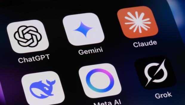 Toronto, Canada - May 9, 2025:  AI assistant apps on a smartphone - OpenAI ChatGPT, Google Gemini, Anthropic Claude, DeepSeek, Meta AI, and xAI Grok.
