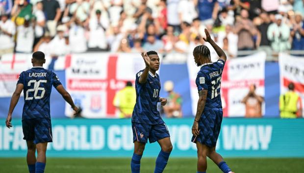 France's forward #10 Kylian Mbappe celebrates scoring his team's third goal during the 2026 World Cup football tournament third-place match between France and England at the Miami Stadium in Miami on July 18, 2026.  (Photo by CHANDAN KHANNA / AFP)