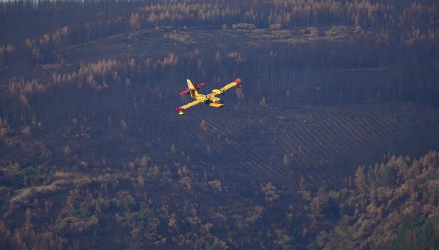 Un hidroavión carga agua en el pantano de Bárcena (León), para el incendio de Veguellina (León)