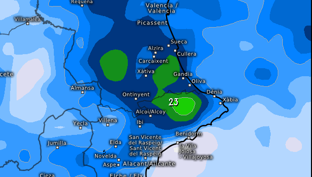 Mapa con las lluvias previstas entre el sur de Valencia y norte de Alicante por el modelo europeo ECMWF.