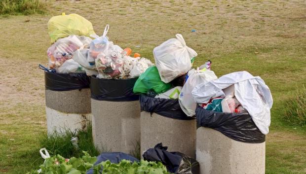 Basuras desbordadas en la playa de Coma-ruga, por las deficiencias del servicio de recogida de residuos