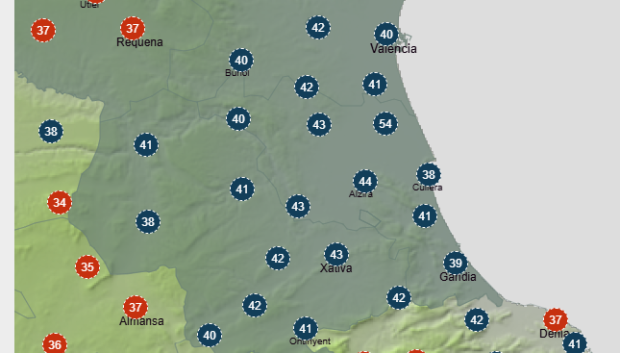 Mapa con la sensación térmica prevista a las 17 horas en la provincia de Valencia.