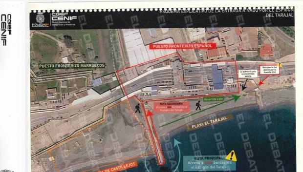 Esquema de la invasión de Ceuta, recogida en el informe policial de la Audiencia Nacional