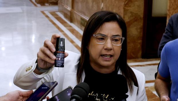 Ana Belén Vázquez muestra a los periodistas el bote de gas pimienta