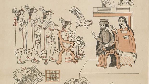 Lienzo de Tlaxcala: Hernán Cortés y Malintzín en su encuentro con Moctezuma II en Tenochtitlan