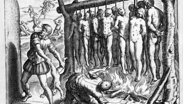 Grabado de Theodor de Bry representando la supuesta quema de indígenas en el Nuevo Mundo