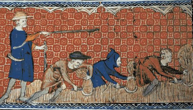 Miniatura medieval que representa a tres siervos cosechando trigo bajo la vigilancia del delegado de su señor