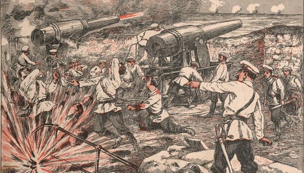 Asedio de Port-Arthur - Baterías rusas contra Togo (Angelo Agostini, O Malho, 1904)