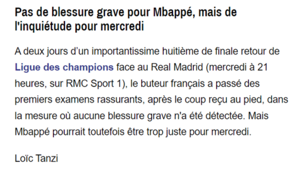 Según informa RMC, Mbappé llegaría muy justo para su encuentro ante el Real Madrid