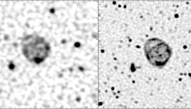 A la izquierda, el descubrimiento original de ORC1 en los datos del radiotelescopio ASKAP. A la derecha, la observación de seguimiento de ORC1 con el radiotelescopio MeerKAT.