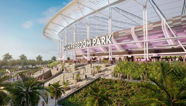Maqueta que muestra la cancha del próximo campo de fútbol de la ciudad llamado Miami Freedom Park y que estará situado cerca del aeropuerto