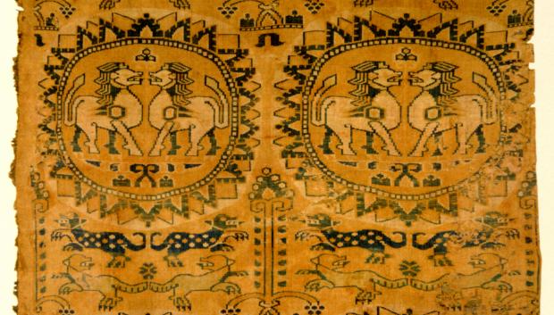 Un motivo de león en seda policromada sogdiana , siglo VIII, muy probablemente de Bukhara