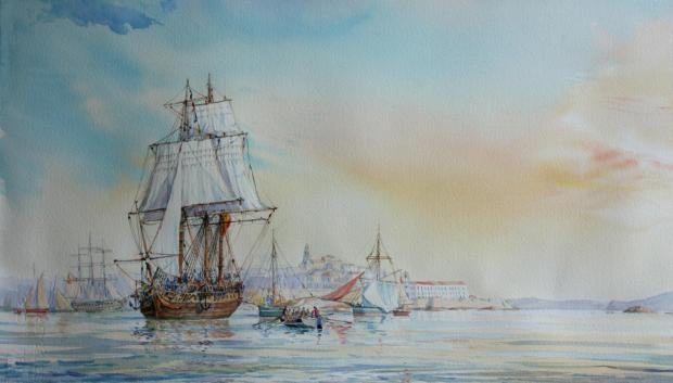 Partida de la 'María Pita' del puerto coruñés en 1803, acuarela realizada por Miguel Camarero en 2016