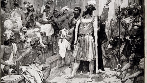 Vasco de Gama entregando una carta del Rey Manuel de Portugal al samorín de Calicut