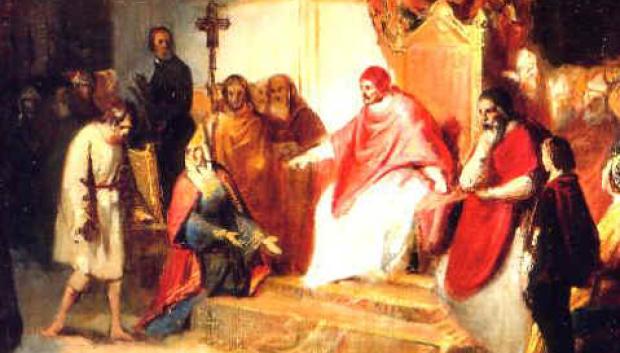 Enrique IV en penitencia ante Gregorio VII en Canossa, en presencia de Matilde, en un cuadro de Carlo Emanuelle