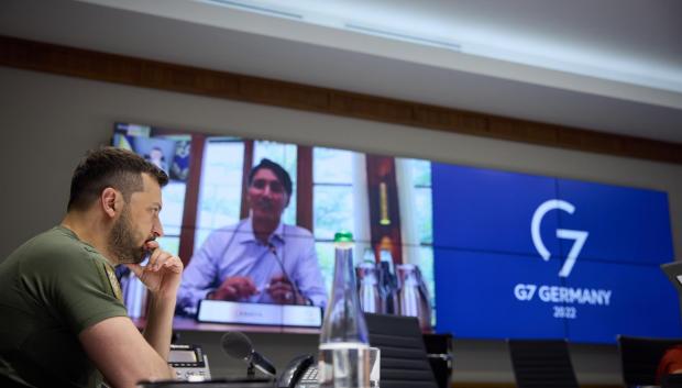 El presidente ucraniano, Volodímir Zelensky se une a través de un enlace de video a la reunión de líderes del G7 en Alemania