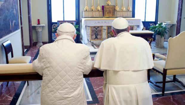 Pope Francis I, and Pope emeritus Benedict XVI meeting in Castel Gandolfo Saturday, March 23, 2013.