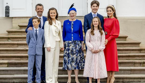 Princess Isabella with Crown Prince Frederik, Princess Josephine , Queen Margrethe, Crown Princess Mary, Prince Christian and Prince Vincent during her confirmation  in Fredensborg, on April 30, 2022.