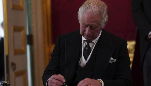 Britain's King Charles III during the Accession Council ceremony at St James'sPalace, London, Saturday, Sept. 10, 2022, where King Charles III is formally proclaimed monarch.