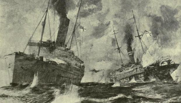 Impresión artística de HMS Alcantara y SMS Greif