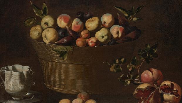 Juan de Zurbarán, "Bodegón con cesto de frutas, melocotones, granadas y bernegal", hacia 1643-49