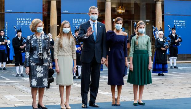 Spanish King Felipe VI and Queen Letizia Ortiz with daughters Princess of Asturias Leonor de Borbon and Sofia de Borbon with Queen Sofia of Greece arrive the delivery of Princess of Asturias Awards 2020, in Oviedo, on Friday 16 October 2020.