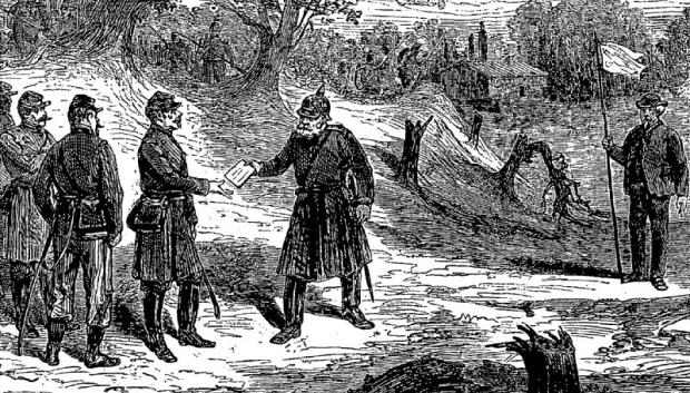 Régnier llegando a los puestos de avanzada franceses, frente a Metz, el 23 de septiembre de 1870 (grabado de 1874 según un dibujo de Miranda)