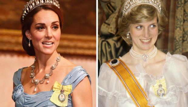 File photo dated 23/10/2018 of the Duchess of Cambridge at the State Banquet for King Willem-Alexander of the Netherlands at Buckingham Palace and file photo dated 17/11/1082 Diana, Princess of Wales at the State Banquet for Queen Beatrix of the Netherlands at at Hampton Court Palace, wearing the same diamond and pearl Cambridge Lover's Knot tiara once owned by the Princess.
