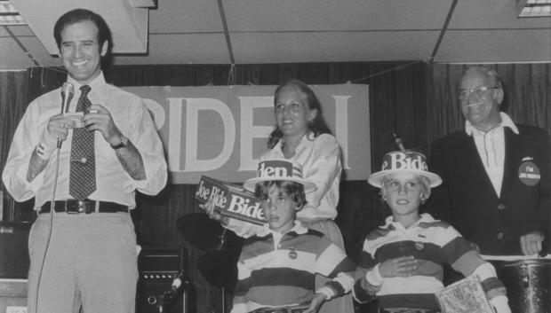 In this photo provided by Sen. Biden's office, Sen. Joe Biden, D-Del., stands on stage with his wife Jill and sons, Hunter, left, and Beau, along with his father, Joe Biden Sr., during a campaign event in 1988. 
 (AP Photo/Sen. Biden's office)© RADIAL PRESS