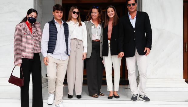 Princess Alexia of Greece and Carlos Morales Quintana Arrietta Morales y de Grecia Anna Maria Morales y de Grecia Carlos Morales y de Grecia Amelia Morales y de Grecia arrive at the Yacht Club of Greece in Athens, on October 24, 2021, for a reception hosted by King Constantijn II of Greece  *** Local Caption *** .