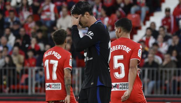Morata lamenta una ocasión fallada en el partido Almería – Atlético de Madrid