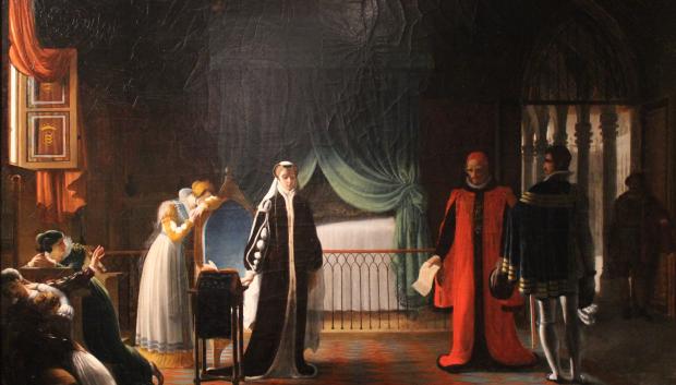 Marie Stuart, reina de Escocia, recibe la sentencia de muerte recién ratificada por el Parlamento (1809), por Jean-Baptiste Vermay