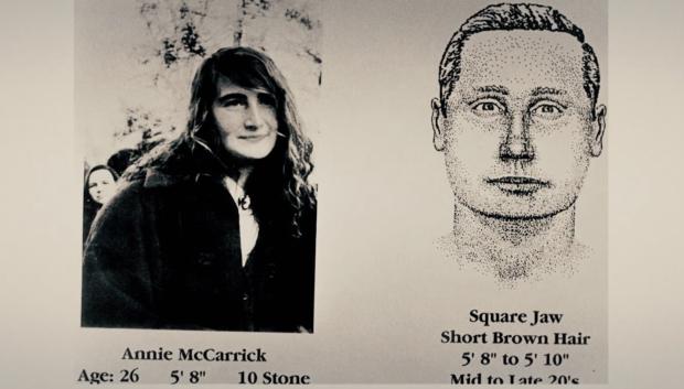 Imagen de Annie McCarrick y, a su derecha, retrato-robot del último hombre con el que se la vio