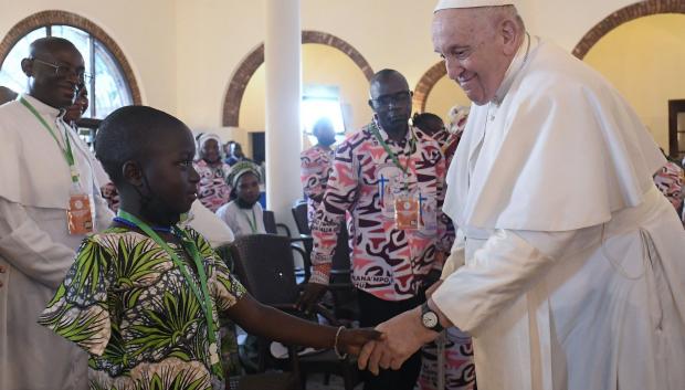 Pope Francis meets with victims of the conflict in eastern Democratic Republic of Congo at the Apostolic Nunciature in Kinshasa, Congo, on February 1, 2023, second day of his Apostolic Journey