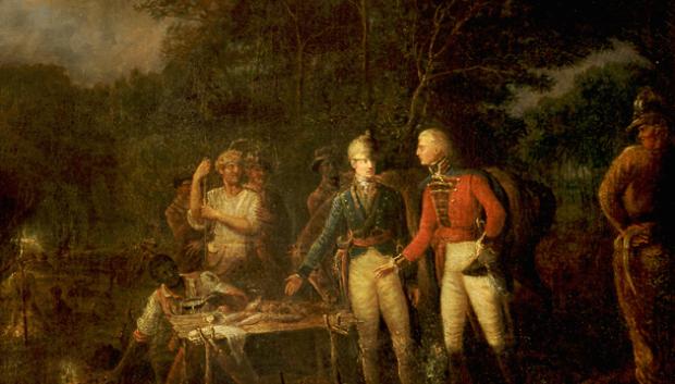 El general Marion invita a un oficial británico a compartir su comida por John Blake  ; Su esclavo Oscar Marion arrodilla en el dejado del grupo