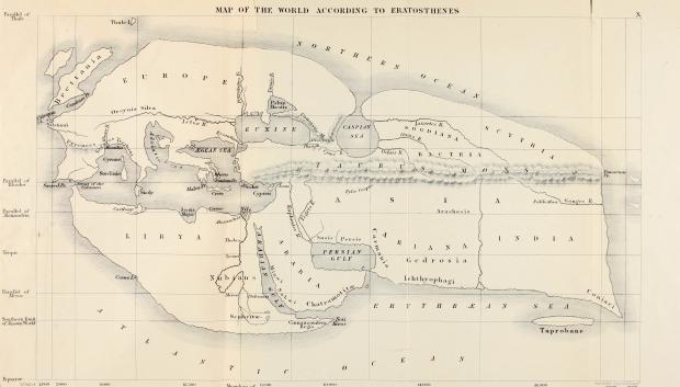 Reconstrucción del siglo xix (según Bunbury) del mapa de Eratóstenes del mundo conocido en su época