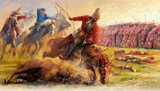 Arqueros a caballo partos contra el "testudo" romano