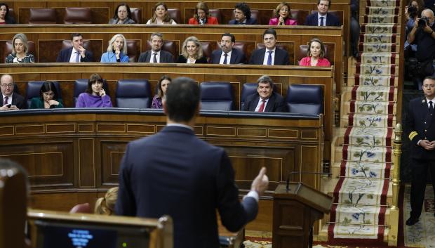 Pedro Sanchez  during the plenary session in the congress of deputies in Madrid on Wednesday , 8 March 2023.