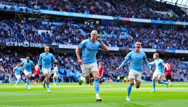 Manchester City's Erling Haaland, celebrates after scoring during the English Premier League soccer match between Manchester City and Manchester United at Etihad stadium in Manchester, England, Sunday, Oct. 2, 2022.