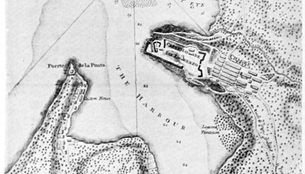 Mapa de la localidad de Chagres, destacándose la península donde se encuentra el fuerte
