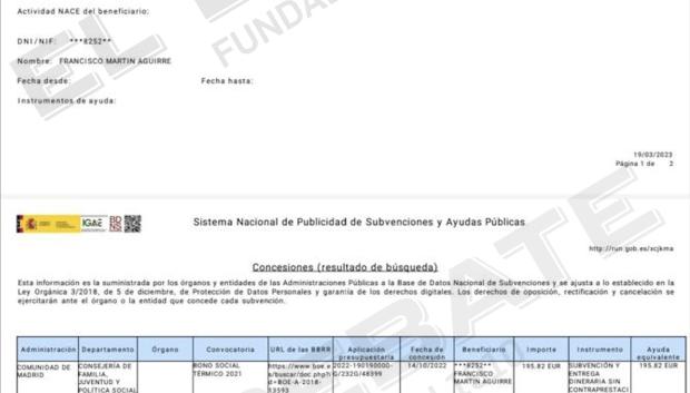 Resguardo del Bono Social Térmico cobrado por Fco. Martín Aguirre