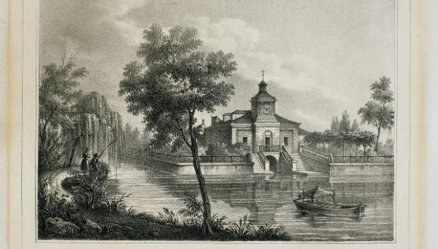 Vista del Embarcadero del Real Canal de Manzanares, litografía de José María Avrial y Flores anterior a 1863