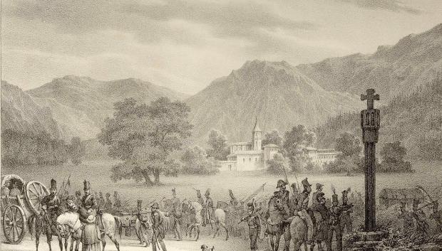 "Planicie de Roncesvalles, 1823". Ilustración que muestra el paso de los Cien Mil Hijos de San Luis por Roncesvalles
