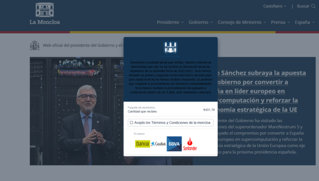 Imagen de la página web falsa que suplanta a La Moncloa